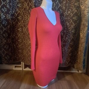 Red cozy Holiday warm knit Fitted V neck long sleeve Bodycon Mini Dress